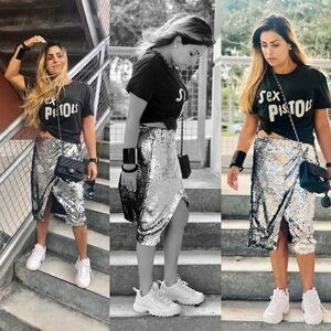 Bershka Sequin Skirt in Black and Silver